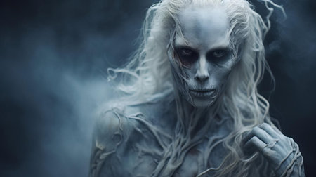 the banshee hybrid, a mystical creature from irish folklore, is captured in this haunting portrait photograph, showcasing its eerie yet mesmerizing features, with piercing eyes and wailing mouth, evoking a sense of supernatural mystery and ancient celtic mythology. ai generatedの素材