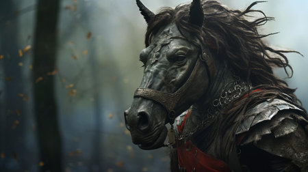 the centaur, a mythological hybrid creature, stands majestically in this captivating portrait photograph, showcasing its human torso and horse body fusion, surrounded by a mystical atmosphere, evoking ancient greek mythology and fantasy world inspirations, perfect for art enthusiasts and fans of mythical creatures. ai generatedの素材