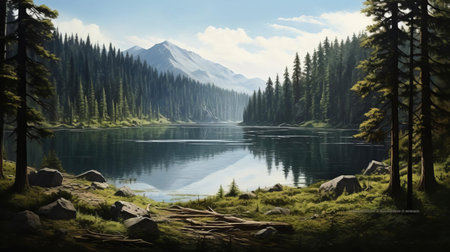 the serene inlet of a lake, nestled between towering pine trees, offers a tranquil atmosphere, perfect for relaxation and nature exploration, with its calm waters reflecting the surrounding forest landscape, creating a sense of peaceful coexistence with nature. ai generatedの素材