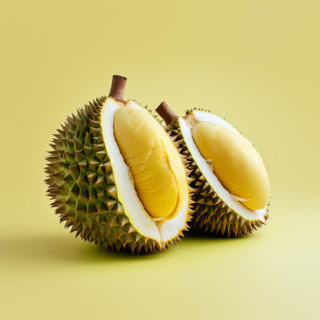 two durians sit proudly on a crisp white background, showcasing their unique, spiky exteriors and vibrant green color, highlighting the tropical fruit's infamous smell and creamy, sweet flesh, perfect for fruit enthusiasts and adventurous eaters alike. ai generatedの素材