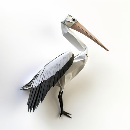 the pelican, crafted from intricately folded paper, sits serenely against a pristine white background, showcasing the art of japanese origami in a delicate yet striking composition, perfect for fans of paper art, diy crafts, and minimalist design. ai generatedの素材