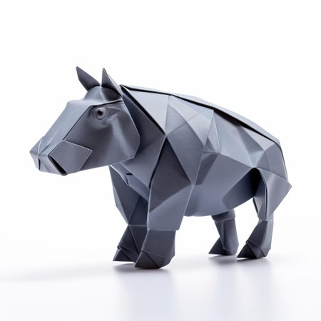 the hippopotamus, crafted from intricately folded paper, sits serenely against a pristine white background, showcasing the delicate art of origami, a traditional japanese paper folding technique, perfect for diy enthusiasts and paper craft lovers seeking creative inspiration. ai generatedの素材