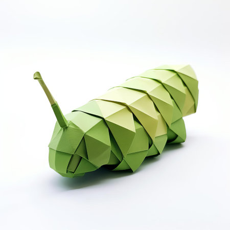 the caterpillar, crafted from intricately folded paper, sits serenely on a pristine white background, showcasing the delicate art of origami, a traditional japanese paper folding technique that requires patience and skill, resulting in a charming and whimsical creation. ai generatedの素材