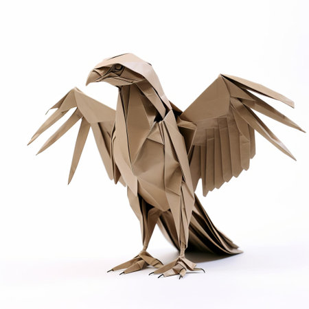 the majestic origami eagle, perched against a pristine white background, showcases intricate paper folding techniques, evoking a sense of freedom and power, perfect for art enthusiasts and paper craft lovers alike, highlighting the beauty of japanese-inspired design and creativity. ai generatedの素材