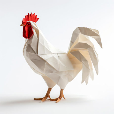 the origami chicken, crafted with precision and care, sits proudly against a crisp white background, showcasing its intricate paper folds and delicate features, perfect for fans of japanese art and paper crafting enthusiasts looking for inspiration for their next diy project. ai generatedの素材