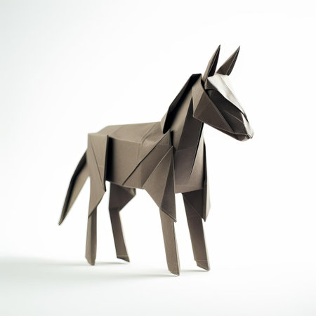 the donkey, crafted from intricately folded paper, stands proudly against a clean white background, showcasing the delicate art of origami and the creator's skilled hands, perfect for fans of paper art, diy crafts, and minimalist design. ai generatedの素材