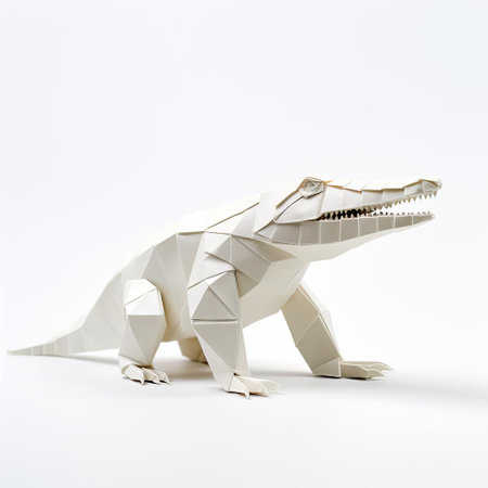 the crocodile, crafted from intricately folded paper, sits proudly against a pristine white background, showcasing the art of origami in a fun and creative way, perfect for fans of paper folding, diy crafts, and reptile enthusiasts alike. ai generatedの素材