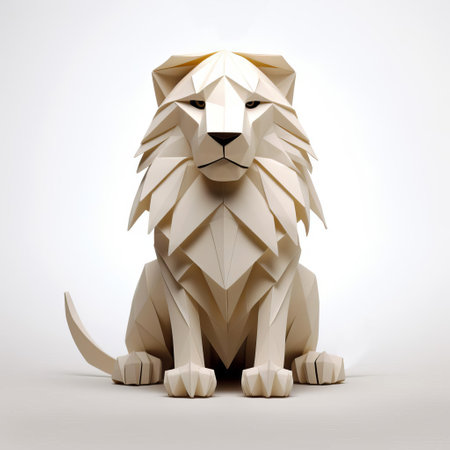 the majestic lion, crafted from intricately folded paper, sits proudly against a pristine white background, showcasing the ancient japanese art of origami in a stunning display of creativity and patience, perfect for fans of paper art and diy crafts. ai generatedの素材