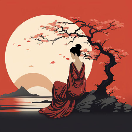 the serene japanese woman, adorned in a traditional kimono, stands alone in a tranquil landscape, surrounded by delicate cherry blossoms and subtle waves, evoking a sense of peaceful contemplation and harmony with nature, reminiscent of classic ukiyo-e art and japanese woodblock prints. ai generatedの素材