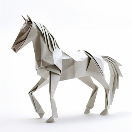 a delicate origami horse stands proudly against a crisp white background, showcasing intricate paper folds and gentle curves, evoking a sense of serenity and simplicity, perfect for fans of japanese art, paper crafting, and minimalist design. ai generatedの素材