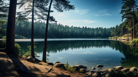 lake serenity unfolds between towering pine trees, its calm waters reflecting the majestic forest surroundings, creating a breathtaking panorama of natural beauty, perfect for relaxation and tranquility, evoking feelings of peace and harmony in this idyllic landscape. ai generatedの素材