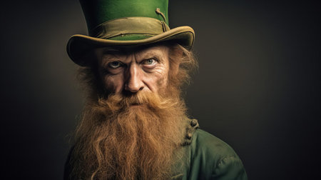 this whimsical leprechaun hybrid portrait photograph showcases a mythical creature with a mischievous grin, blending irish folklore with fantasy elements, featuring a vibrant green coat, golden accessories, and an otherworldly aura, perfect for fans of mythology, folklore, and magical realism. ai generatedの素材