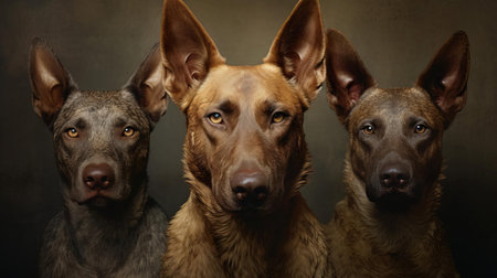 the dog, surrounded by its three identical companions, exudes a sense of unity and symmetry, set against a warm, earthy color palette that evokes feelings of comfort and coziness, while the subtle, natural lighting effect adds to the sense of realism and authenticity, making for a heartwarming animal portrait. ai generatedの素材