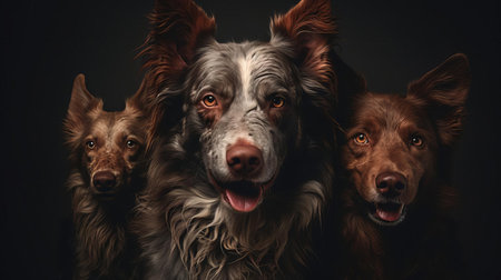 dogs, showcased in a dramatic portrait, are set against a stark black background, accentuating their features and creating a striking contrast, while the use of high-contrast lighting effect adds depth and emphasizes their textures, resulting in a visually stunning and moody animal photography. ai generatedの素材