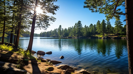 lake scenery unfolds between majestic pine trees, showcasing a serene panorama of calm waters reflecting the surrounding forest's lush greenery, creating a peaceful atmosphere perfect for relaxation and nature escapes in the midst of a tranquil wilderness setting. ai generatedの素材