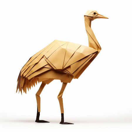the ostrich, crafted from delicate paper folds, stands proudly against a crisp white background, showcasing the intricate art of japanese origami, a traditional paper folding technique that requires patience and skill, resulting in a beautiful and unique paper sculpture. ai generatedの素材