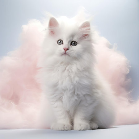 the adorable kitten sits comfortably in a pristine white background, showcasing its soft and fluffy fur, bright curious eyes, and tiny pink nose, creating a heartwarming and serene atmosphere, perfect for animal lovers and photography enthusiasts alike. ai generatedの素材