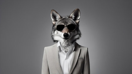 a coyote, symbolizing adaptability, poses elegantly in a minimalist fashion portrait, showcasing its wild beauty against a clean, monochromatic background, highlighting the intersection of nature and simplicity, while exuding a sense of freedom and sophistication in the american wilderness. ai generatedの素材