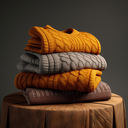 sweaters are beautifully showcased in this stunning 3d render digital rendering, highlighting the intricate textures and vibrant colors of the cozy garments, perfect for winter fashion and style inspiration, with a modern twist on traditional knitwear designs and patterns. ai generatedの素材