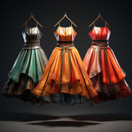 vibrant skirts swirl in a mesmerizing dance, showcased in a stunning 3d render digital rendering, highlighting intricate folds and flowing fabrics, perfect for fashion designers, textile artists, and enthusiasts of digital art, 3d modeling, and computer-generated imagery. ai generatedの素材