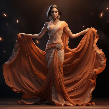 the sari, a traditional indian garment, is beautifully showcased in this stunning 3d render digital rendering, highlighting its intricate embroidery, vibrant colors, and flowing fabric, perfect for cultural and fashion enthusiasts, offering a unique perspective on this iconic attire. ai generatedの素材