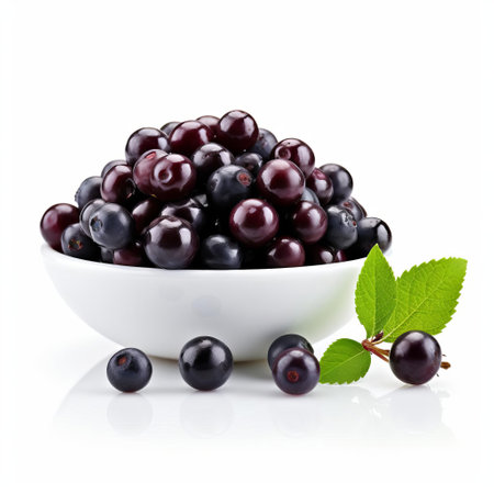 acai berries, rich in antioxidants and nutrients, are showcased on a pristine white background, highlighting their deep purple color and plump texture, perfect for adding a nutritious boost to smoothies, bowls, and healthy recipes, while also supporting heart health and weight management. ai generatedの素材