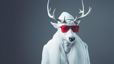 reindeer stands elegantly in a winter wonderland, showcasing a minimalist fashion portrait, with its rustic fur and majestic antlers blending seamlessly with the serene snowy backdrop, evoking a sense of simplicity and sophistication in this seasonal and stylish image. ai generatedの素材