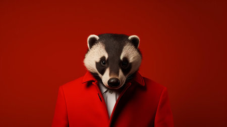badger, a symbol of fierce individuality, is reimagined in this striking fashion portrait, embodying the essence of minimalism with its sleek, monochromatic fur and piercing gaze, evoking a sense of understated elegance and sophistication in the wild. ai generatedの素材