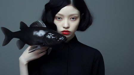 the catfish, a sleek and mysterious creature, is stylishly showcased in this minimalist fashion portrait, highlighting its unique scales and subtle facial features, blending seamlessly with a chic monochromatic background, evoking a sense of sophistication and understated elegance in aquatic-inspired fashion photography. ai generatedの素材