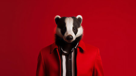badger, a symbol of fierce individuality, poses elegantly in a minimalist fashion portrait, showcasing its distinctive white stripes and piercing gaze, exuding a sense of understated sophistication and rustic charm, perfect for nature lovers and fans of wildlife photography. ai generatedの素材