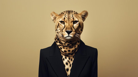 the cheetah, a majestic symbol of speed and agility, is captured in a stunning fashion portrait, exuding a sense of minimalist chic, with its sleek fur and piercing gaze, set against a clean and simple background, evoking a sense of modern sophistication and elegance in wildlife photography. ai generatedの素材