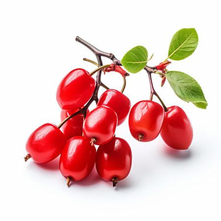 the barbados cherry, also known as a west indian cherry, sits elegantly on a white background, showcasing its vibrant red skin and juicy pulp, perfect for adding a pop of color and flavor to salads, desserts, and other culinary creations, highlighting its nutritional benefits and antioxidant properties. ai generatedの素材