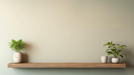 the minimalist empty wall space above the shelf is a blank canvas waiting for decorative artwork, providing a clean backdrop for a statement piece, and creating a sense of calmness in the room with its simplicity, perfect for modern home decor and interior design inspiration. ai generatedの素材