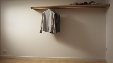 the empty wall space above the wardrobe is a blank canvas waiting to be decorated with stylish wall art, shelves, or a statement mirror, adding a touch of elegance and sophistication to the bedroom's interior design and maximizing storage potential. ai generatedの素材