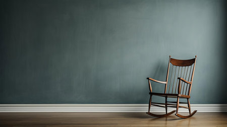 the cozy rocking chair sits comfortably in the quiet room, surrounded by a serene atmosphere, with a vast empty wall space above it, waiting to be decorated with family photos, artwork, or vintage items, adding a touch of personality to the tranquil interior design. ai generatedの素材
