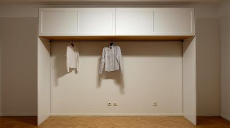 the empty wall space above the wardrobe is a blank canvas waiting to be transformed into a stunning focal point, perfect for showcasing decorative wall art, floating shelves, or a statement mirror to add depth and visual interest to the room's interior design. ai generatedの素材