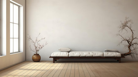 the minimalist empty wall space above the futon sofa in this cozy living room is waiting for a statement piece of modern art, a vintage print, or a collection of framed family photos to add a touch of personality and style to the room's decor. ai generatedの素材
