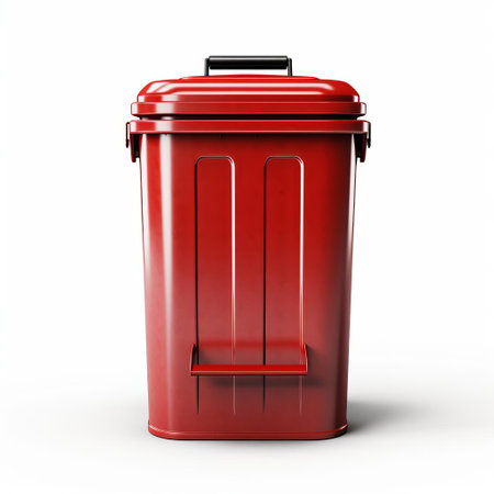 a dustbin sits isolated on a pristine white background, its sleek design and vibrant colors popping against the neutral surroundings, perfect for illustrating concepts of waste management, recycling, and cleanliness in modern urban living spaces. ai generatedの素材