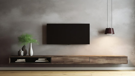 the empty wall space above the tv stand is a blank canvas waiting for decoration, perfect for adding a statement piece of art, a collection of framed family photos, or a sleek shelving unit to elevate the living room's aesthetic and create a cozy atmosphere for relaxation and entertainment. ai generatedの素材