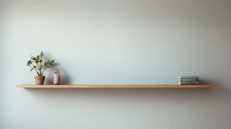 the empty wall space above the shelf is a blank canvas waiting to be filled with decorative pieces, such as framed artwork, mirrors, or shelves, to add visual interest and create a cozy atmosphere in a modern living room or home office, perfect for minimalist interior design enthusiasts. ai generatedの素材
