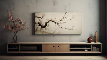 the living room wall above the tv stand remains empty, awaiting decoration with a stunning piece of art, a large mirror, or a collection of framed family photos to elevate the room's ambiance and create a cozy atmosphere, perfect for relaxation and entertainment. ai generatedの素材