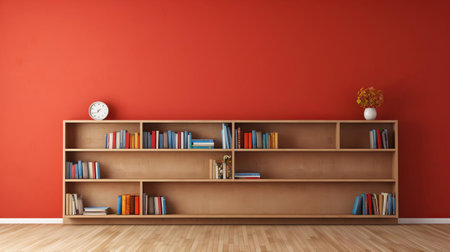 the bookcase stands tall against a neutral-colored wall, leaving a vast empty wall space above it, perfect for adding a statement piece of art, a collection of framed photographs, or a decorative mirror to elevate the room's aesthetic and create a sense of balance. ai generatedの素材