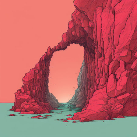 the cave, a mystical natural wonder, is beautifully depicted in this stunning minimalist line art illustration, featuring a bold and vibrant color palette that adds a touch of modernity to the ancient landscape, perfect for art enthusiasts and nature lovers alike. ai generatedの素材