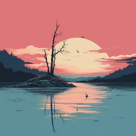 the serene lagoon, depicted in a stunning minimalist line art style, radiates tranquility as gentle waves and lush greenery come alive in a vibrant color palette, evoking feelings of relaxation and calmness in this breathtakingly simple yet striking visual representation of nature's beauty. ai generatedの素材