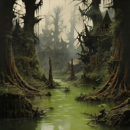 the swamp, a mystical realm of twisted cypress trees and murky waters, comes alive in this eerie artwork reminiscent of ken kelly's signature style, blending fantasy and horror elements with a touch of dark romanticism, evoking a sense of foreboding and mystery in this hauntingly beautiful landscape. ai generatedの素材