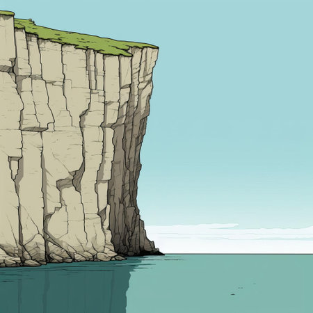 the cliff stands majestically against a vibrant blue sky, its rugged edges softened by the gentle curves of minimalist line art, as warm golden hues and deep crimson tones blend harmoniously, evoking a sense of serenity and natural beauty in this stunning visual representation of landscape art. ai generatedの素材