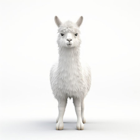 the llama, a majestic and gentle creature, stands proudly against a crisp white background in this stunning 3d render, showcasing its soft fur, long neck, and curious eyes, perfect for nature lovers and fans of south american wildlife. ai generatedの素材