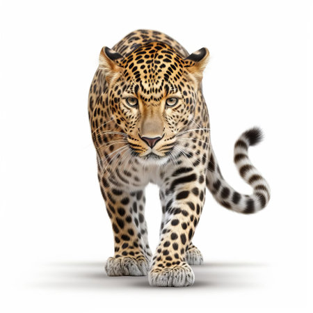 the leopard, a majestic and agile predator, is beautifully showcased in this stunning 3d render, set against a crisp white background, highlighting its striking spots and vibrant fur texture, perfect for wildlife enthusiasts and designers seeking high-quality animal illustrations. ai generatedの素材
