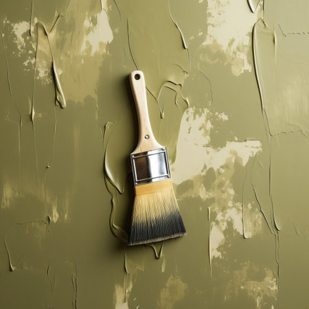 the painting knife, with its sturdy handle and flexible blade, lies against a backdrop of khaki-colored wallpaper, evoking a sense of artistic creativity and diy home decor, perfect for interior designers, artists, and homeowners looking to add a touch of elegance to their space. ai generatedの素材