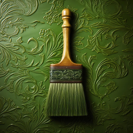 the brush cleaner, with its sturdy bristles and ergonomic handle, is specifically designed to remove dirt and grime from wallpaper, particularly those with a green hue, leaving a fresh and clean surface, perfect for a home decor renovation or diy project. ai generatedの素材